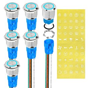 DaierTek 12V Latching Push Button Switch Marine Waterproof Round Blue LED Pushbutton Switch 19mm 12 Volt DC Ring Illuminated Metal ON Off with Label Sticker for Boat Car -6pcs