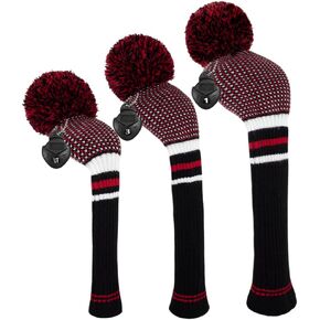 Scott Edward Scottish Style Golf Club Cover with Pom Pom Set of 3 Fits Well Driver(460cc) Fairway Wood and Hybrid(UT) with Rotating Club Number Tags for Male/Female Golfers (Red Black White)