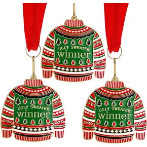 Set of 3 Ugly Christmas Sweater Medals with Festive Neck Ribbons – Award Ornaments for Ugly Sweater Contest, Perfect for Holiday Party Trophies and Decorations