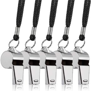 5 Packs Stainless Steel Whistle, Loud Metal Whistle with Lanyard for Referees Coaches Lifeguards Survival Emergency Football Basketball Soccer Hockey - Silver
