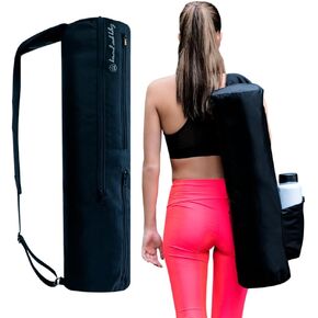 Yoga Mat Bag Carrier, premium durable material, waterproof, adjustable shoulder strap, multi-functional pockets. Easy to carry. Motivational phrase. Unisex.