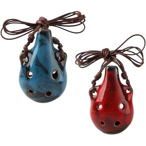 2Pcs Exquisite Red Blue 6-Hole Ceramic Ocarina Flute Handcrafted Ceramic Craft Instrument for Music Lovers