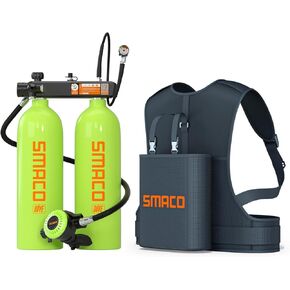 SMACO Mini Scuba Diving Tank 1.9L Double Scuba Tank Reusable Small Pony Bottle up to 45 Mins Dive Time Portable Twin 1.9L Diving Air Tank Kit Diving Cylinder for Underwater Exploration Rescue S700 Max