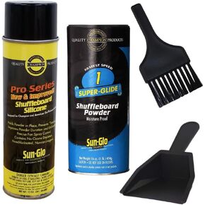 Shuffleboard Essentials Bundle: Sunglo Shuffleboard Powder - Speed #1 (Fastest), Pro Series Silicone Spray & Mini Dustpan/Brush Set