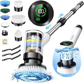 Electric Spin Scrubber, IPX7 Waterproof Cordless Power Shower Scrubber with Extension Handle, 7 Replaceable Brush Head&3 Bristle Crevice Brushes, 2 Speeds Power Scrubber for Bathroom, Kitchen Cleaning