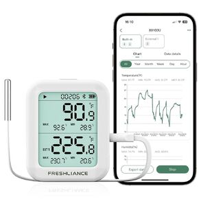 Temperature Humidity Data Logger Bluetooth, with 1pc Temp&Humidity Probe, Refrigerator Freezer Thermometer Digital Temp Monitor with APP, Review Analyse Data with Graphing BlueTag TH30R-I