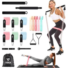 VEICK Pilates Bar Kit with Resistance Bands, Elastic Workout Bands for Men and Women, Set of 5 Resistance Loop Bands for Home Fitness, Stretching, Strength Training, Physical Therap