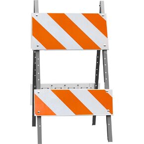 Combocade Plastic & Steel Leg Type II Barricade (8" Top, 8" Bottom) - EG Sheeting, Galvanized Steel Legs, Double Wall Reinforced Boards, Sandbag Bar, MASH Accepted, Orange and White