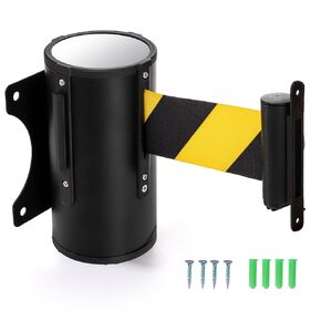 Wall Mount Retractable Belt, 16 Ft Crowd Control Wall Barrier with Steel Case, Black Yellow Caution Flood Traffic Belt Rope Diagonal Stripe for Grocery, Retail Store, Stadium