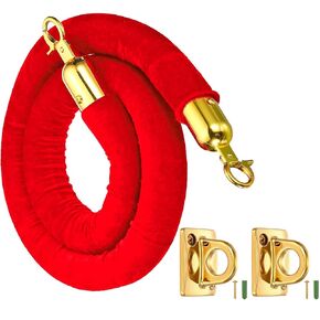 3.3 Foot Velvet Stanchion Rope with 2 Pcs Pcs Gold Large Loop Wall Plate Stanchions Safety Barriers for Event Movie Theaters Grand Opening Hotel (Red, 3.3 Foot)