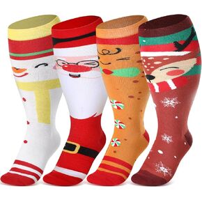 Geyoga 4 Pairs Christmas Plus Size Compression Sock Wide Calf for Women Men 15-25 mmHg Extra Large Size Knee Support Sock(Santa Claus and Reindeer)