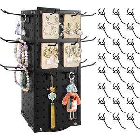 24 Hooks Rotating Pegboard Display Stand,Metal Spinning Peg Board Display Keychain Bracelet Jewelry Earring Holder Display Stand Countertop Retail Display Rack for Vendors Craft Shows Black