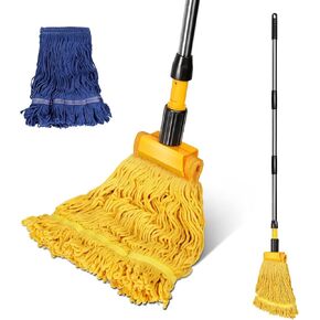 Masthome Industrial Mop, Commercial Mop for Floor Cleaning Heavy Duty, Cotton Mop Looped-End String Wet Mop with 2 Mop Heads for Home, Garage, Office Floor Cleaning (Yellow-Blue)