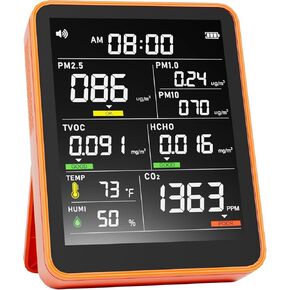 9-in-1 Professional Indoor Air Quality Monitor Portable PM2.5/PM10/CO2, Temperature, Formaldehyde Detector, Humidity TVOC,Time Display Air Quality Tester - Confined Space Clean Air Monitor-Persimmon