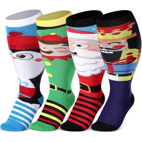 Geyoga 4 Pairs Christmas Plus Size Compression Sock Wide Calf for Women Men 15-25 mmHg Extra Large Size Knee Support Sock(Santa Claus and Penguin)