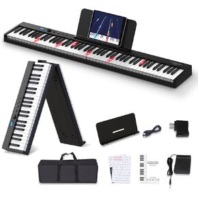 KONIX Folding Piano Keyboard, 88 Keys Full Size Semi Weighted Foldable Piano, Portable Electric Keyboard Piano with Light Up Key, Sustain Pedal, Piano Stickers, Sheet Music Stand and Piano Bag, Black