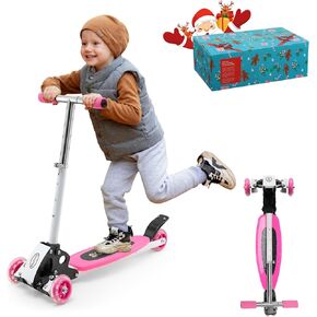 Toddler Scooter, Foldable Three Wheel Lean-to-Steer Scooter for Kids Ages 3-5, Heavy Duty Toddler Scooter, 4 Height Adjustable, 3 Wheeled Scooter for Ages 3, with Box