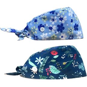 2 Pack Scrub Caps Women, Working Cap with Buttons and Sweatband, Nurse Hats for Women Scrub Scrub Hats Nurse Cap