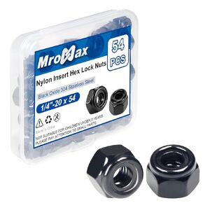 1/4"-20 Black Nylon Lock Nuts, 54Pcs Nylon Insert Locknuts, 304 Stainless Steel 18-8 Nylock Nuts, Black Oxide, Coarse Thread, Hex Drive, Bright Finish, for Furniture, Tools, Handle, Repairing Jobs