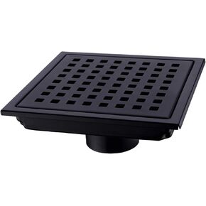 Square Shower Floor Drain with Removable Cover Grid Grate 6 inch Long, SUS 304 Stainless Steel Black Plated Finish