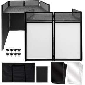Portable DJ Facade Booth,52"L x 43.2"H x 26"W DJ Facade with White & Black Scrim,Foldable Metal Frame DJ Table Station with Adjustable Feet for Party, Black