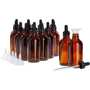 Juvale 15 Pack of 4oz Amber Glass Bottles with Dropper Dispenser & 6 Funnels for Essential Oils, Travel, Perfumes, Liquids, Hair & Body Oils (21 Total Pieces, 120ml) - Amber Glass Bottle Set