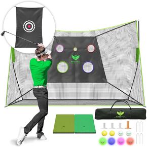 Golf Practice Net - Multifunctional Golf Chipping Net with 2 Surfaced Mats, Tees, LED Golf Balls - Golf Equipment and Accessories, Golf Nets for Backyard Driving Real Golf Balls - 10ft x 7ft