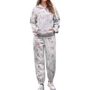 YKR Camo Sweatsuits for Women 2 Piece Outfit Camo Maple Leaf Hoodie Printed Fleece Sweatpants Lounge Sets