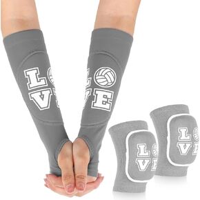 ramede Volleyball Knee Pads and Volleyball Arm Sleeves with Protection Pad Forearm Elbow Sleeve with Thumb Hole Volleyball Accessories Gear for Girls Women (2 Pairs,Gray,Volleyball)