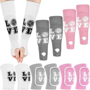 ramede Volleyball Knee Pads and Volleyball Arm Sleeves with Protection Pad Forearm Elbow Sleeve with Thumb Hole Volleyball Accessories Gear for Girls Women (6 Pairs,White, Gray, Pink,Volleyball)