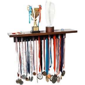 J JACKCUBE DESIGN Medal Display Hanger and Trophy Shelf with 39 Hooks, Wall Mounted Marathon Race Sports Gymnastics Medals Ribbons Awards Display Holder Rack- MK899A