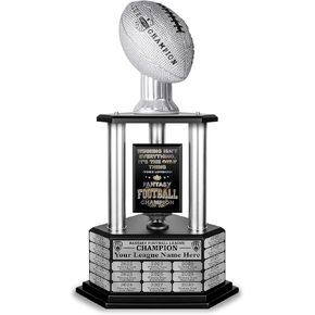 TrophySmack Perpetual Fantasy Football Trophy - Customizable Championship Trophy Award Winner | Free Engraving up to 19 Years Past Winners (Instant Ship, 26Silver-Silver)