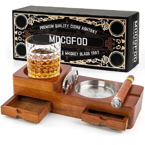 Cigar Ashtray Coaster Whiskey Glass Tray and Cigar Holder, Wooden Ash Tray, Slot to Hold Cigar, Cigar Rest Cigar Accessory Set Gift for Men Dad, Great Decor for Home (Classic)