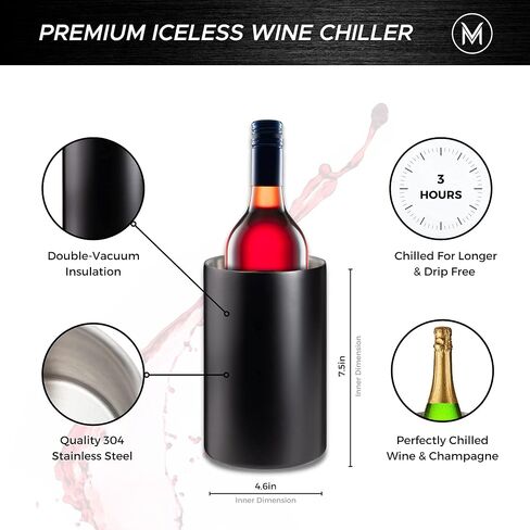 Villa & Marx Wine Chiller - Elegant Champagne Bucket with Premium Box - Insulated Wine Bottle Cooler Without Ice - Double Walled Wine Chiller Bucket, Fits And Cools All Bottles (Black) in Saudi Arabia