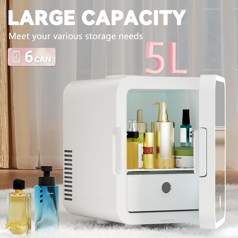 EUHOMY Mini Fridge, 5L AC/DC Small Refrigerator with Dimmable LED Mirror, Portable Cooler and Warmer for Skin Care, Cosmetics, Beverage, 5L Makeup Mini Skincare Fridge for Bedroom, Car, Office, White in Saudi Arabia