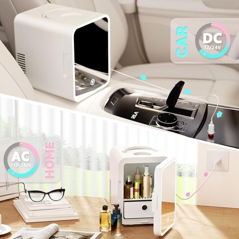EUHOMY Mini Fridge, 5L AC/DC Small Refrigerator with Dimmable LED Mirror, Portable Cooler and Warmer for Skin Care, Cosmetics, Beverage, 5L Makeup Mini Skincare Fridge for Bedroom, Car, Office, White in Saudi Arabia
