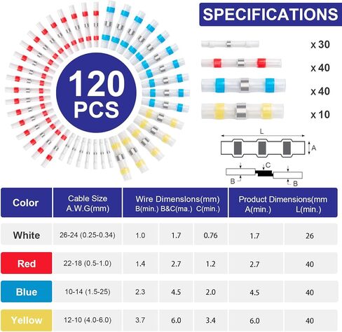 120PCS Heat Shrink Solder Seal Wire Connectors Kit, Waterproof Butt Connector Heat Shrink Electrical Terminals, Insulated Solderless Wiring Splice Connectors for Marine,Automotive,Stereo in Saudi Arabia