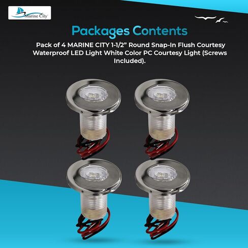 MARINE CITY 304 درجة من الفولاذ المقاوم للصدأ 1-1/2 بوصة دائرية سهلة التركيب مقاومة للماء LED ضوء أبيض اللون من البولي كربونات للقوارب - اليخوت - الملحقات البحرية (عبوة من قطعتين) in Kuwait