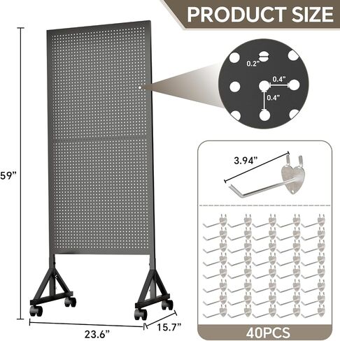 حامل عرض Pegboard معدني مقاس 59 بوصة * 23.6 بوصة، ارتفاع قابل للتعديل مع 40 خطافًا وعجلات للوحة الوتد، رف عرض Pegboard، رف عرض الحرف اليدوية، رف عرض البيع بالتجزئة، لوحة ربط المرآب، لوحة Pegboard سوداء، in Saudi Arabia