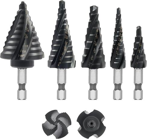 5-pc Step M3 HSS Cobalt Step Drill Aluminum-Titanium-Nickel Coated Four helical Cutting Edges Hex Shanks Includes Sizes 1/4“ to 1-3/8" 1/4“ - 3/4" 1/8“ - 1/2" 3/16“ - 1/2" 3/6"- 7/8" in Saudi Arabia
