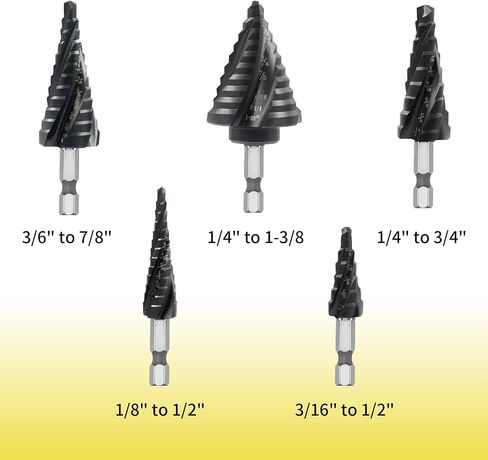 5-pc Step M3 HSS Cobalt Step Drill Aluminum-Titanium-Nickel Coated Four helical Cutting Edges Hex Shanks Includes Sizes 1/4“ to 1-3/8" 1/4“ - 3/4" 1/8“ - 1/2" 3/16“ - 1/2" 3/6"- 7/8" in Saudi Arabia
