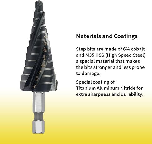 5-pc Step M3 HSS Cobalt Step Drill Aluminum-Titanium-Nickel Coated Four helical Cutting Edges Hex Shanks Includes Sizes 1/4“ to 1-3/8" 1/4“ - 3/4" 1/8“ - 1/2" 3/16“ - 1/2" 3/6"- 7/8" in Saudi Arabia