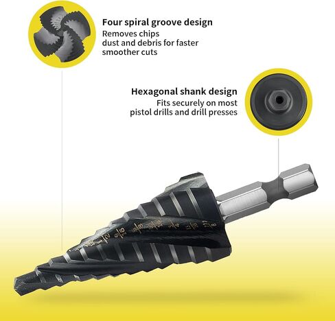 5-pc Step M3 HSS Cobalt Step Drill Aluminum-Titanium-Nickel Coated Four helical Cutting Edges Hex Shanks Includes Sizes 1/4“ to 1-3/8" 1/4“ - 3/4" 1/8“ - 1/2" 3/16“ - 1/2" 3/6"- 7/8" in Saudi Arabia