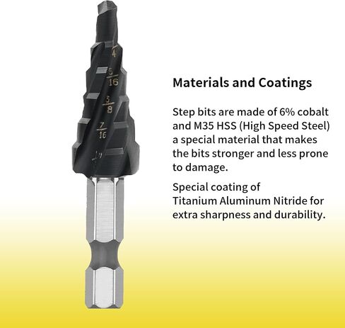 5-pc Step M3 HSS Cobalt Step Drill Aluminum-Titanium-Nickel Coated Four helical Cutting Edges Hex Shanks Includes Sizes 1/4“ to 1-3/8" 1/4“ - 3/4" 1/8“ - 1/2" 3/16“ - 1/2" 3/6"- 7/8" in Saudi Arabia