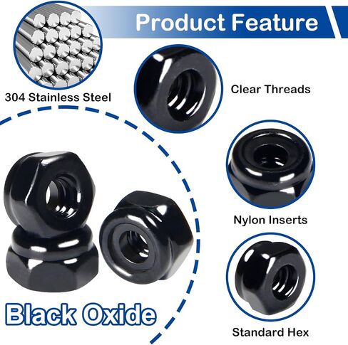 1/4"-20 Black Nylon Lock Nuts, 54Pcs Nylon Insert Locknuts, 304 Stainless Steel 18-8 Nylock Nuts, Black Oxide, Coarse Thread, Hex Drive, Bright Finish, for Furniture, Tools, Handle, Repairing Jobs in Saudi Arabia