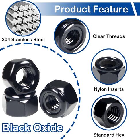 1/4"-20 Black Nylon Lock Nuts, 54Pcs Nylon Insert Locknuts, 304 Stainless Steel 18-8 Nylock Nuts, Black Oxide, Coarse Thread, Hex Drive, Bright Finish, for Furniture, Tools, Handle, Repairing Jobs in Saudi Arabia