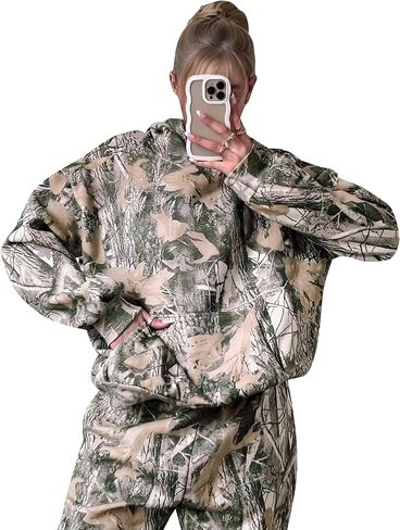 YKR Camo Sweatsuits for Women 2 Piece Outfit Camo Maple Leaf Hoodie Printed Fleece Sweatpants Lounge Sets in Saudi Arabia