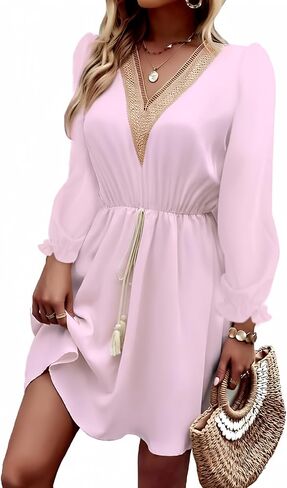Dokotoo Womens V Neck Dresses Lantern Long Sleeve Lace Trim Midi Dress Tassel Belt Shirt Dress in Kuwait