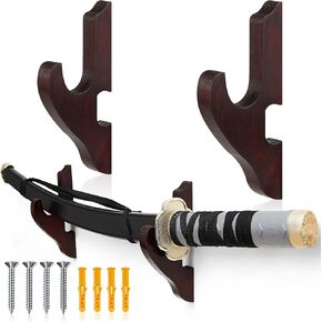 Chunful 2 Pcs Sword Wall Mount Sword Holder Katana Stand 1 Tier Katana Wall Mount Adjustable Sword Display Wooden Sword Mounts for Wall Sword Hanger for Samurai (Reddish Brown)
