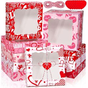 MIMIND 24 Packs Valentine's Day Cookie Boxes 10 x 10 x 2.5 Inches Heart Bakery Treat Boxes with PVC Window Cupcake Treat Boxes with Heart Cards Valentine Favors for Wedding Cooking Party